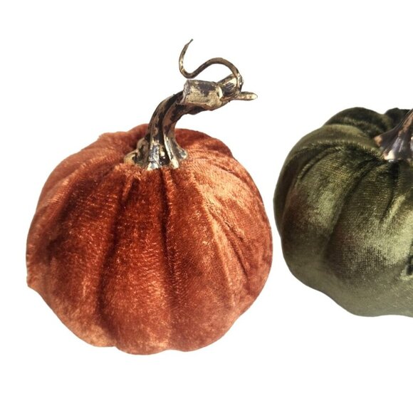 Velvet Pumpkins Decorative Fall Decor Green Orange with Gold Stems Cozy Home Acc - Picture 6 of 6